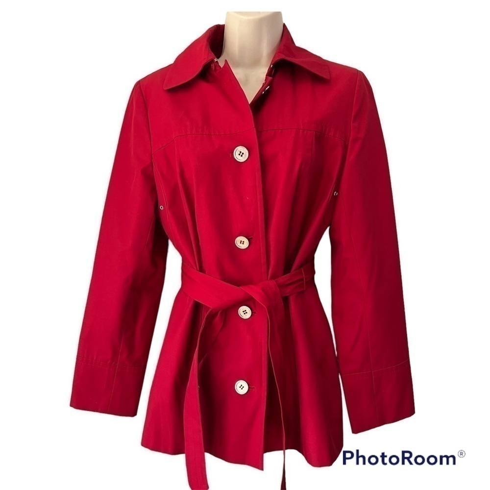 𝅺calvin Klein fire red mid length water resistant trench coat belt & buttons XS.